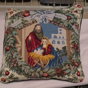 Holiday Nativity Scene Needlepoint Pillow Green Velvet Backing
